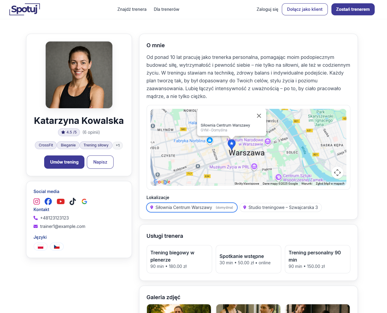 Podgląd projektu Spotuj - platforma rezerwacji treningów